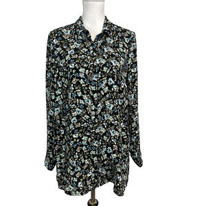 J. Jill Blouse Tunic size Medium Black Blue Green Floral Oversized Cottage Core